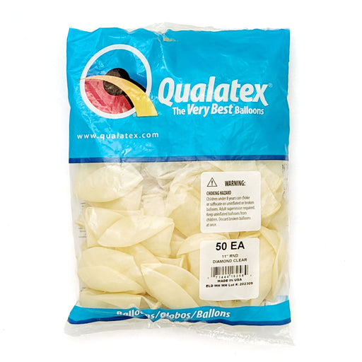 A 50 count bag of 11-inch Diamond Clear Qualatex Latex Balloons.