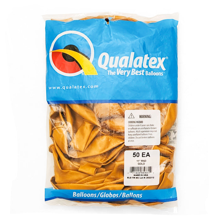 A 50 count package of 11-inch Gold, Qualatex 11" Latex Balloons.