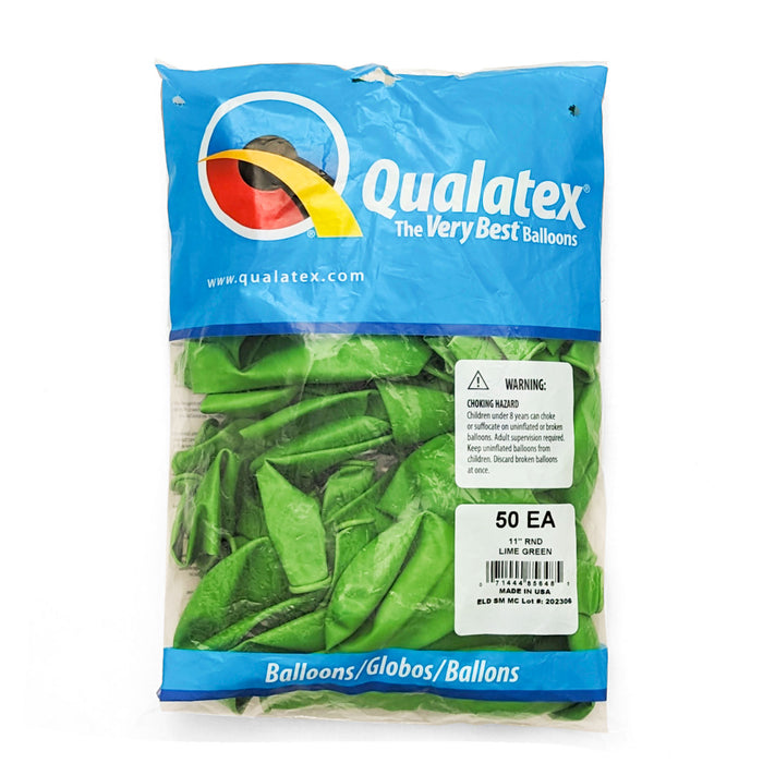 A package of 11-inch Qualatex Lime Green Latex Balloons.