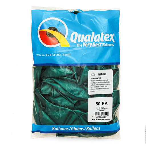 A 50 count package of 11-inch Qualatex Pearl Emerald Green Latex Balloons.