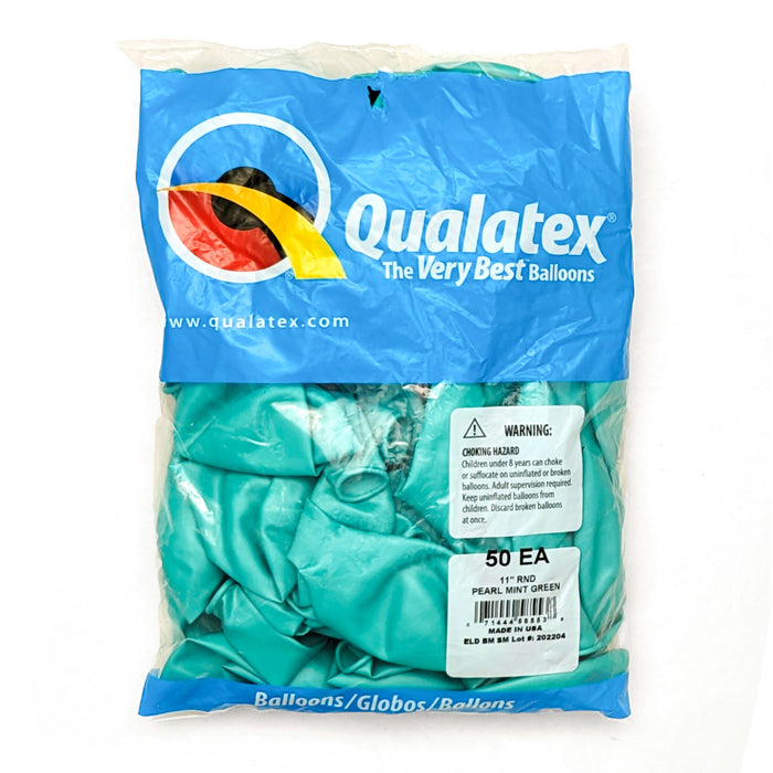 A 50 count package of 11-inch Qualatex Pearl Mint Green Latex Balloons.