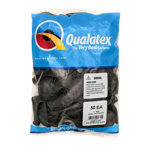 A 50 count package of 11-inch Qualatex Pearl Onyx Black Latex Balloons.