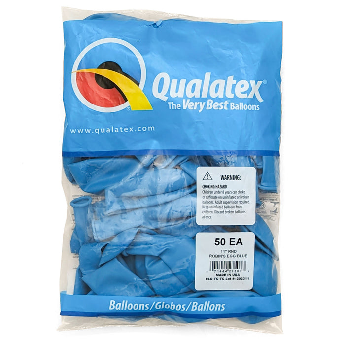A 50 count package of Qualatex Robin's Egg Blue Latex Balloons.