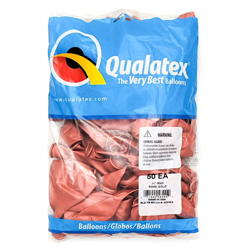 A 50 count package of 11-inch Qualatex Rose Gold Latex Balloons.