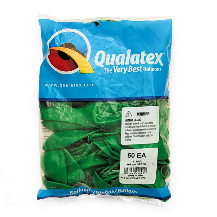 A 50 count package of 11-inch Qualatex Spring Green Latex Balloon.