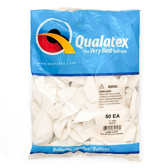 A 50 count bag of 11-inch Qualatex White Latex Balloons