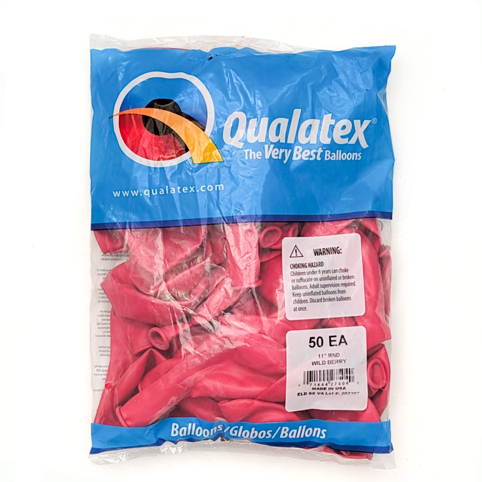 A 50 count package of 11-inch Qualatex Wild Berry Latex Balloons.