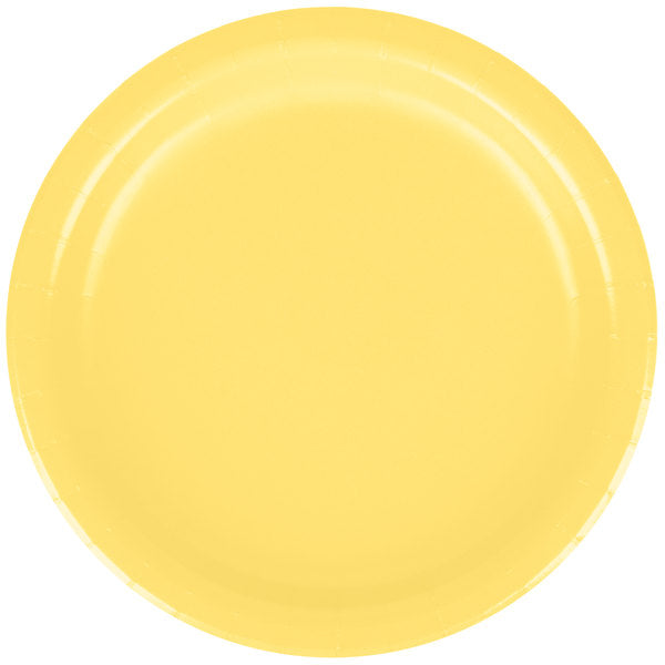 Add a pop of color to your next party or event with these 7" Light Yellow Round Dessert Paper Plates! Perfect for serving your treats and snacks on, these plates are both durable and vibrant. With 24 plates in each pack, you'll have plenty to go around. Party on!