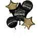 5 Piece Aged to perfection Happy Birthday Balloon Bouquet This Bouquet features one large Star-shaped with two Round black balloons that have "Happy Birthday" and "Aged to Perfection" in gold and white letteing.  The bouquet also have two star-shaped gold balloons.