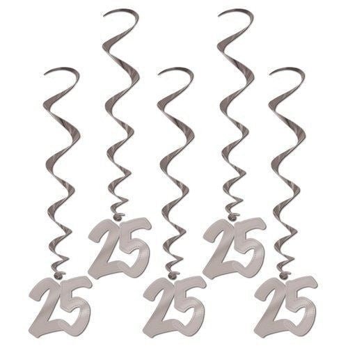 25th Anniversary Silver Foil Hanging Whirl Decorations, 3 ft | 5 ct - Zurchers
