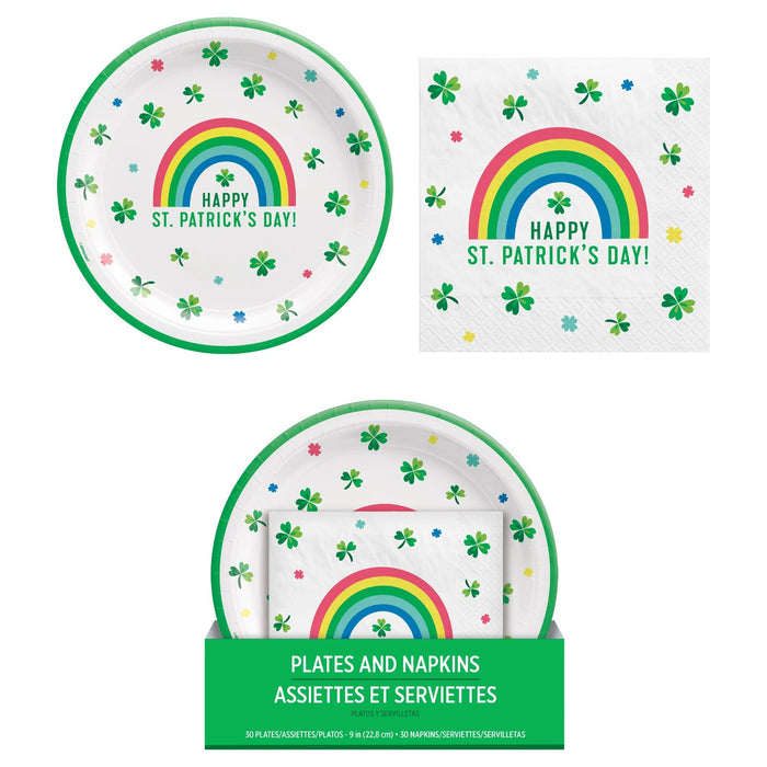Get ready to celebrate St. Patrick's Day with our Shamrock Tableware Value Pack! Perfect for your holiday party, this pack includes 30 paper plates and 30 lunch napkins, making it easy to serve your guests. With festive shamrock & rainbow designs, your table will be ready for a fun and lucky celebration!