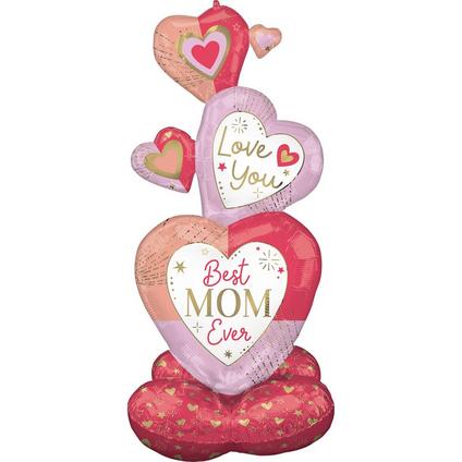 A 55-inch AirLoonz Colorful Best Mom Ever Stacked Hearts Balloon.