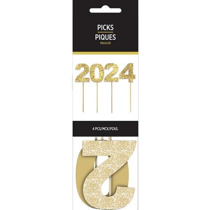 2024 Glitter Paper & Wood Cake Picks - 7 1/2" | 4 pc