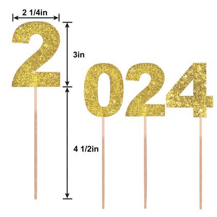 2024 Glitter Paper & Wood Cake Picks - 7 1/2" | 4 pc