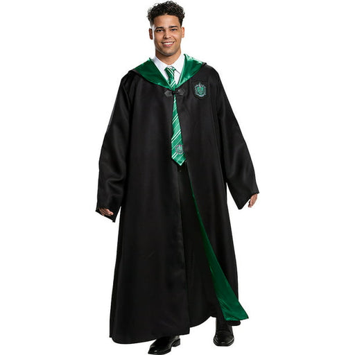 Features a black robe with Slytherin crest and green satin lined hood. 
