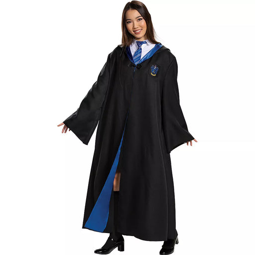 The Harry Potter Adult Deluxe Ravenclaw Robe features a black robe with Ravenclaw crest and blue satin lined hood and lapels.