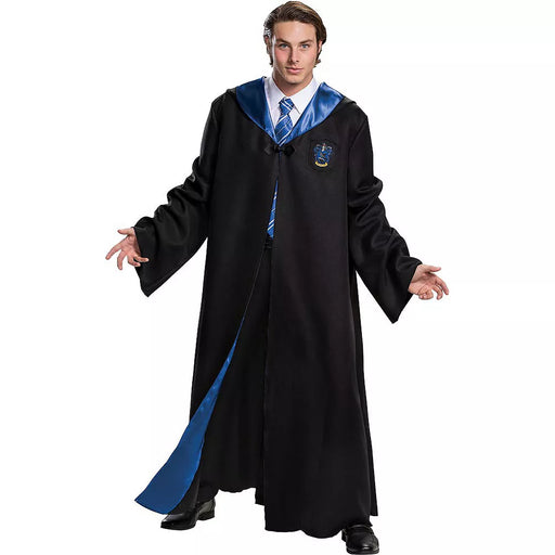 The Harry Potter Adult Deluxe Ravenclaw Robe features a black robe with Ravenclaw crest and blue satin lined hood and lapels.