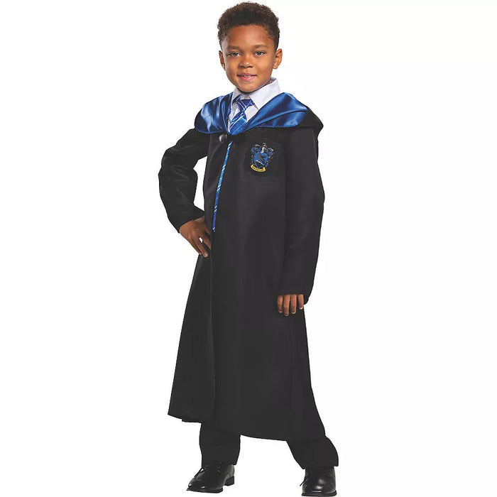 Represent your Hogwarts House and carry on Rowena Ravenclaw's legacy dressed in this Deluxe Robe. Features a black robe with Ravenclaw crest and blue satin lined hood and lapels.