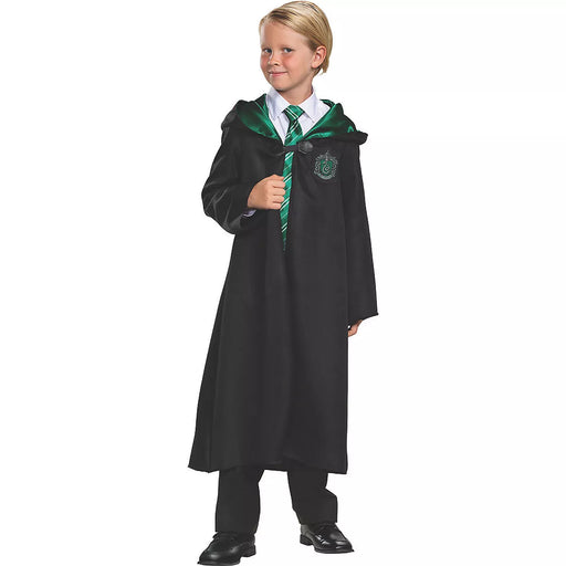 Kids can look the part of a Hogwarts' Slytherin student with this Harry Potter Deluxe Robe! Features a green and silver inner lining, plus the Slytherin crest on the chest. Perfect for playing Quidditch or just lounging around the common room. Unleash your inner serpent! 🐍