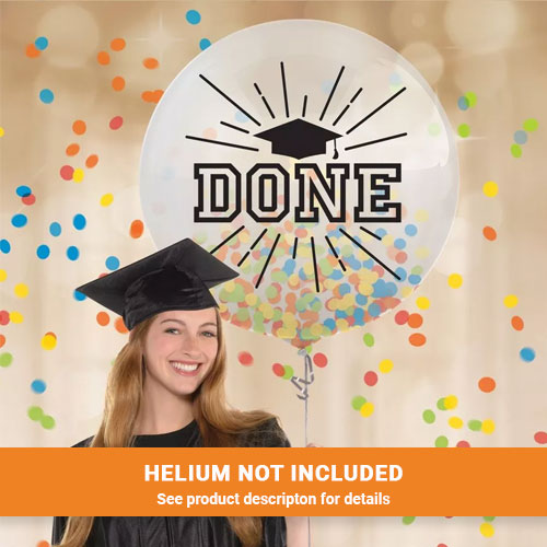 1 clear graduation multicolored confetti  24 Inch balloon. Shown with model in a cap and gown with a confetti background