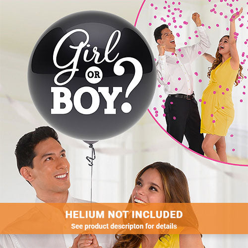 Photo showing an expecting couple with a black 24" gender reveal balloon that has the phrase "Girl or Boy?" in white lettering.  photo inset shows happy couple as balloon has popped and pink confetti is falling to the ground.