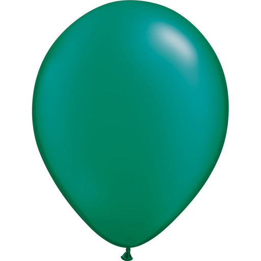 An inflated 11-Inch Qualatex Pearl Emerald Green Latex Balloon.