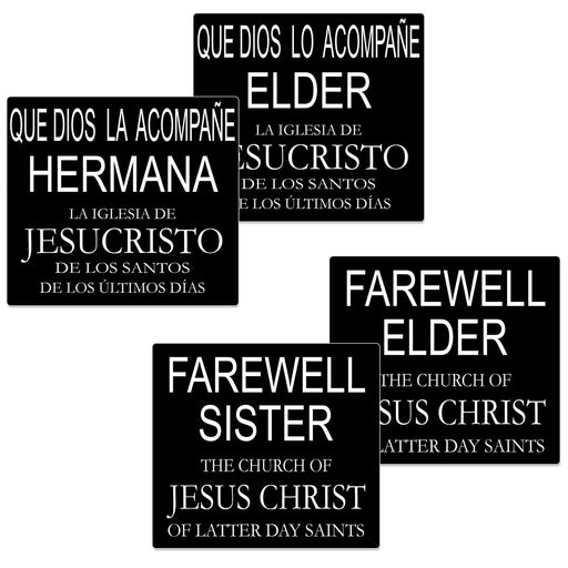 Farewell Missionary Door Banner in all four variations.   Banners are available for an Elder or Sister Missionary and both are available in  English and Spanish.
