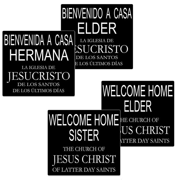 All four variations of our Missionary Welcome Home Door Banners.  A banner for either a Sister or Elder Missionary and available in both English and Spanish.