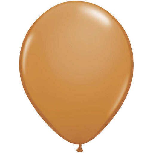 An inflated 11-inch Qualatex Mocha Brown Latex Balloon.