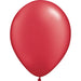 An inflated 11-inch pearl ruby red Qualatex balloon.