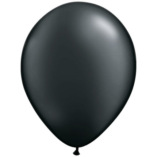 An inflated 11-inch Qualatex Pearl Onyx Black Latex Balloon.