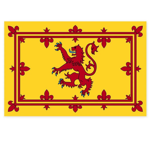 A yellow flag with a red lion standing upright and facing left, surrounded by a red double border with fleur-de-lis in each corner and at the center of each side.