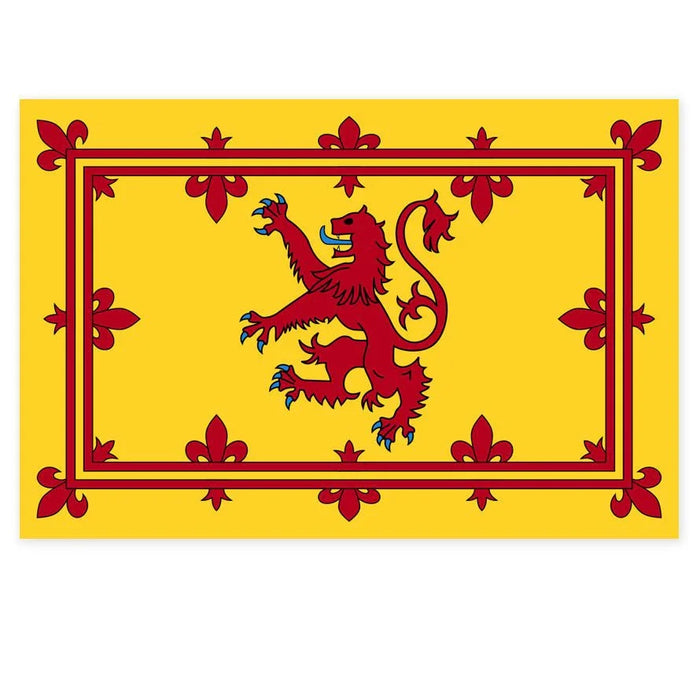 A yellow flag with a red lion standing upright and facing left, surrounded by a red double border with fleur-de-lis in each corner and at the center of each side.