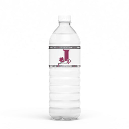A waterbottle with a Jordan High School Water Bottle Label on it.