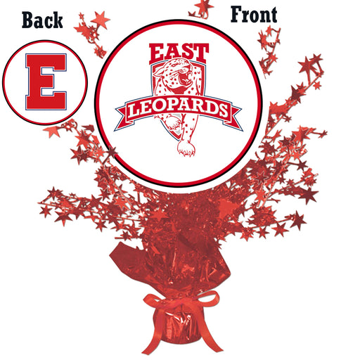 A 13.5" East High School Centerpiece Spray. Showing front and back graphics.