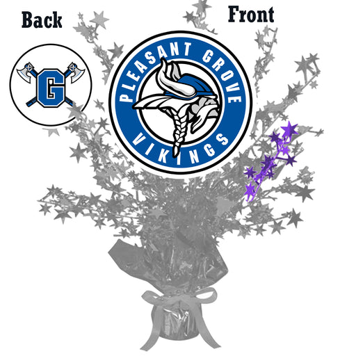 A 13.5" Pleasant Grove High School Centerpiece Spray. Images shows front and back graphics.