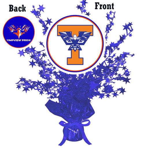 A 13.5" Timpview High School Centerpiece Spray. Images shows front and back grpahics.