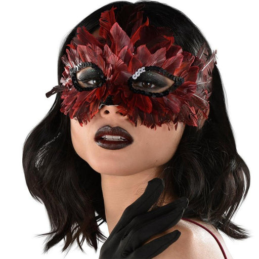 Adult Red & Black Ombre Feather Masquerade Mask | 1 ct - Zurchers