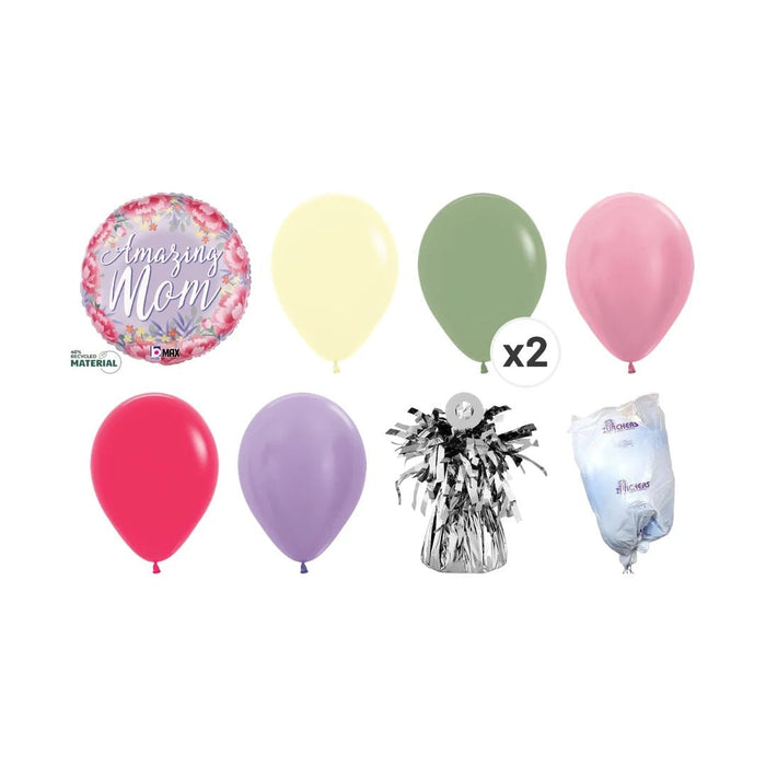 Amazing Mom mini balloon bouquet product kit image showing a round floral “Amazing Mom” foil balloon, 1 pale yellow latex balloon, 2 sage green latex balloons, 1 light pink latex balloon, 1 hot pink latex balloon, 1 lavender latex balloon, a matching balloon weight, and a balloon transport bag.