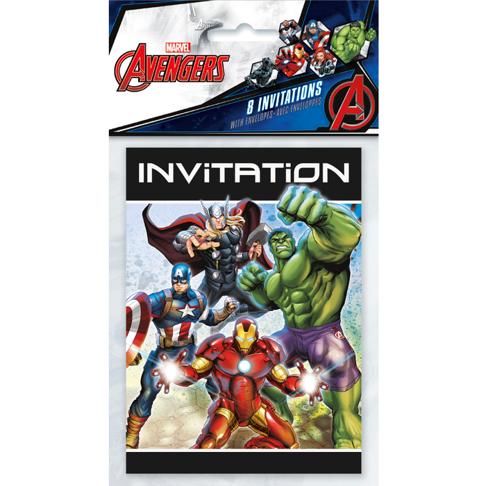 Pack of Marvel Avengers invitations with superhero characters on a white background