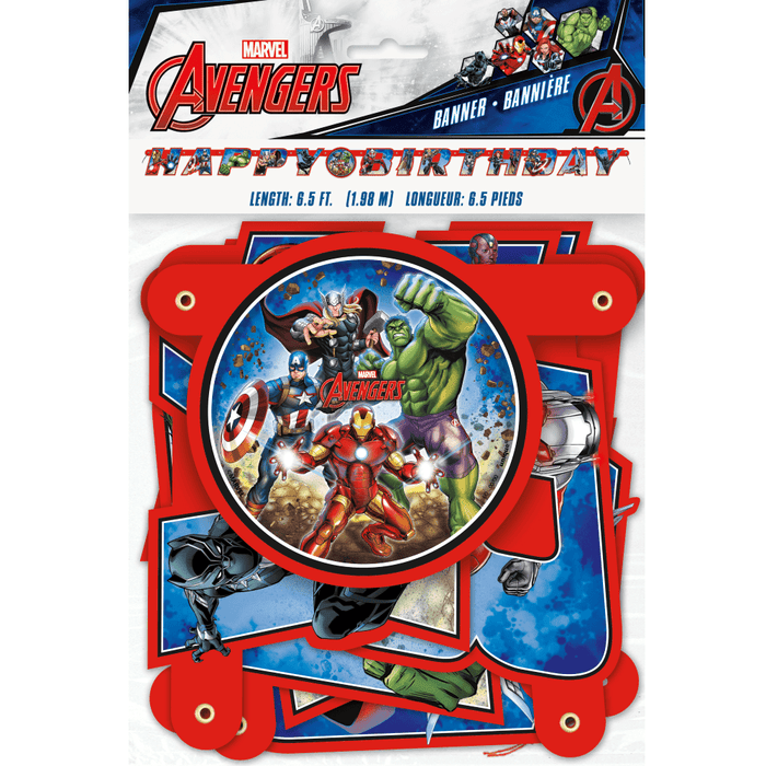 Marvel Avengers birthday banner with superhero characters on a white background