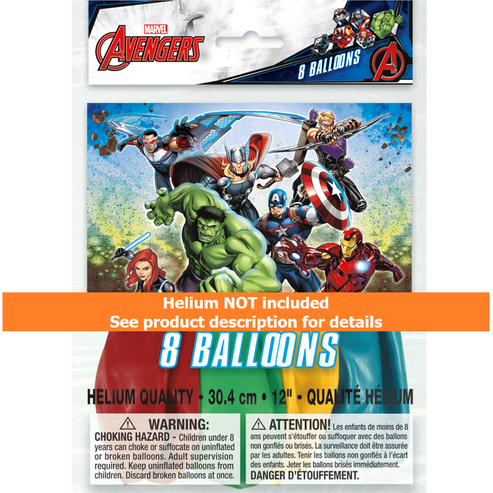 Packaging of Marvel Avengers balloons with character illustrations on a white background