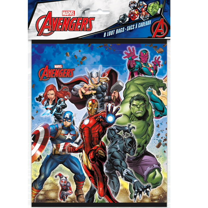 Packaging of Marvel Avengers loot bags with superhero characters on a white background