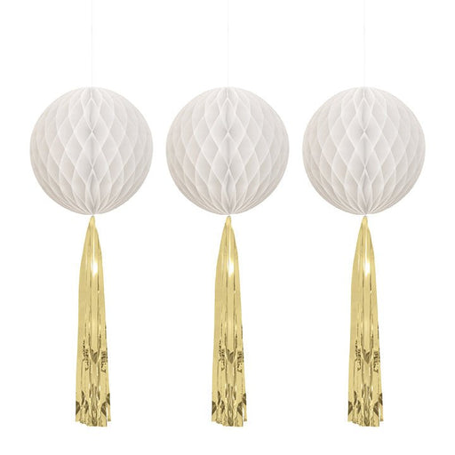 Ball & Tassel Tall Hanging Honeycomb Decoration | 3ct