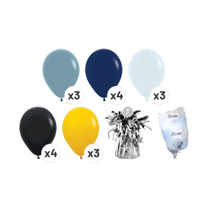 Navy, black, yellow, white, and slate blue balloon bouquet product kit image showing 3 slate blue latex balloons, 4 navy latex balloons, 3 white latex balloons, 4 black latex balloons, 3 yellow latex balloons, a matching balloon weight, and a balloon transport bag.