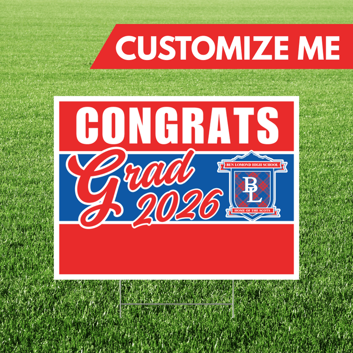 Graduation-themed customizable sign with 'Congrats Grad 2026' on a grass background
