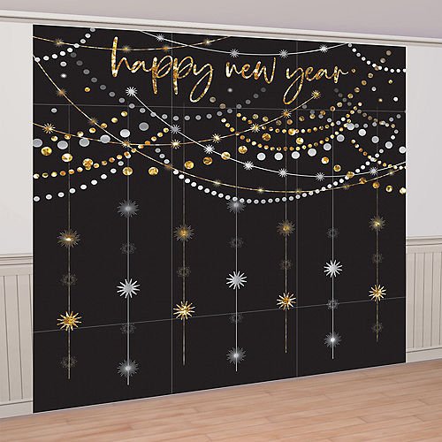 Black, Gold & Silver Happy New Year Giant Wall Decorating Kit | 9pcs - Zurchers