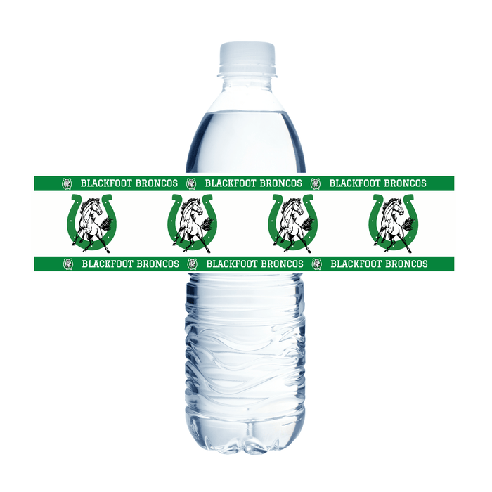 Clear water bottle with a green label featuring 'Blackfoot Broncos' on a white background