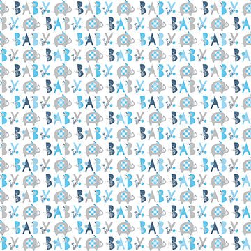Blue baby gift wrap featuring a repeating pattern of “Baby” lettering, gray elephants, small flowers, and blue accents on a white background.