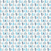 Blue baby gift wrap featuring a repeating pattern of “Baby” lettering, gray elephants, small flowers, and blue accents on a white background.